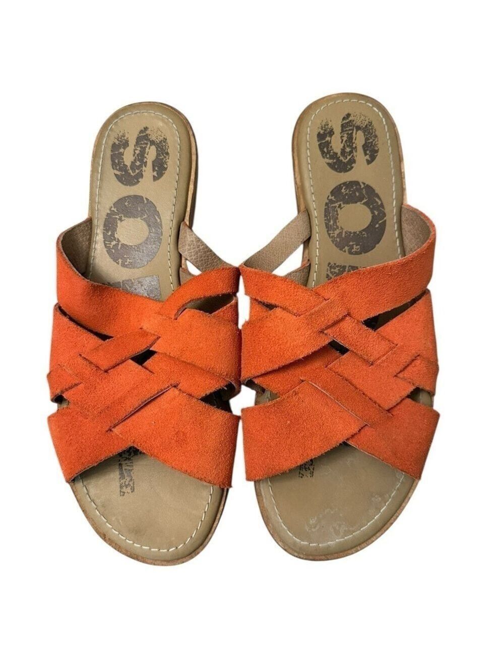 Sorel Ella Zing Criss Cross Slide Sandals Orange Sz 8.5 Nubuck leather slip-on